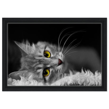 Silent Gaze: The Grey Cat's Serenity | Animal wall art print - Framed Canvas - 30x45 cm / 12x18″ - Black frame