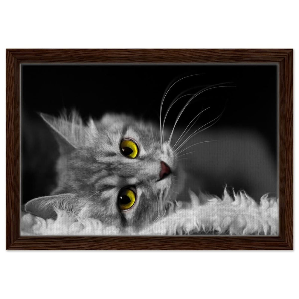 Silent Gaze: The Grey Cat's Serenity | Animal wall art print - Framed Canvas - 30x45 cm / 12x18″ - Dark wood frame