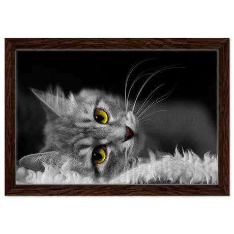 Silent Gaze: The Grey Cat's Serenity | Animal wall art print - Framed Canvas - 30x45 cm / 12x18″ - Dark wood frame