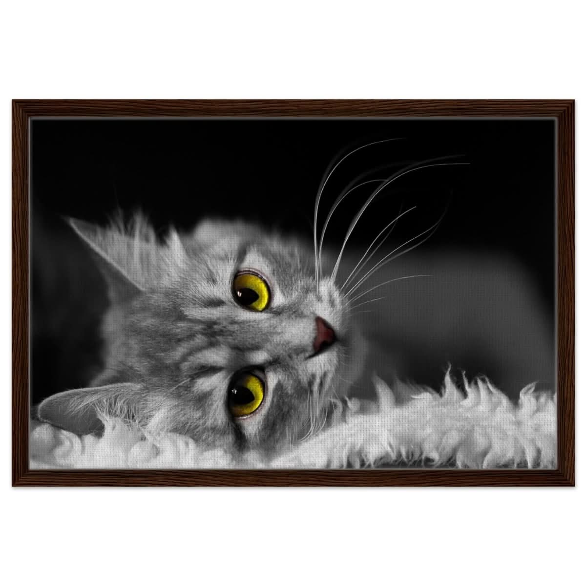 Silent Gaze: The Grey Cat's Serenity | Animal wall art print - Framed Canvas - 50x75 cm / 20x30″ - Dark wood frame