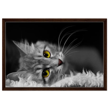Silent Gaze: The Grey Cat's Serenity | Animal wall art print - Framed Canvas - 50x75 cm / 20x30″ - Dark wood frame