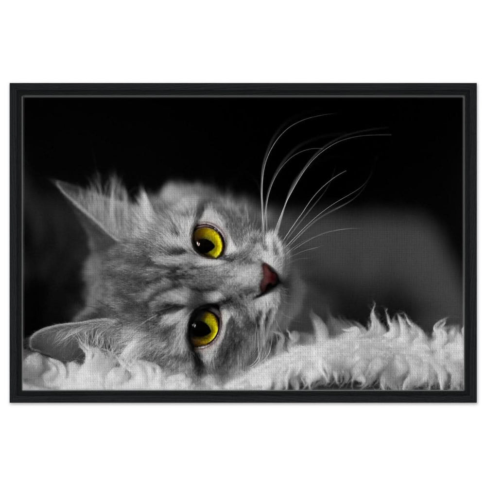 Silent Gaze: The Grey Cat's Serenity | Animal wall art print - Framed Canvas - 60x90 cm / 24x36″ - Black frame