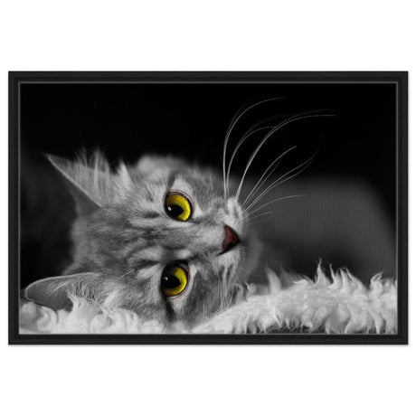 Silent Gaze: The Grey Cat's Serenity | Animal wall art print - Framed Canvas - 60x90 cm / 24x36″ - Black frame