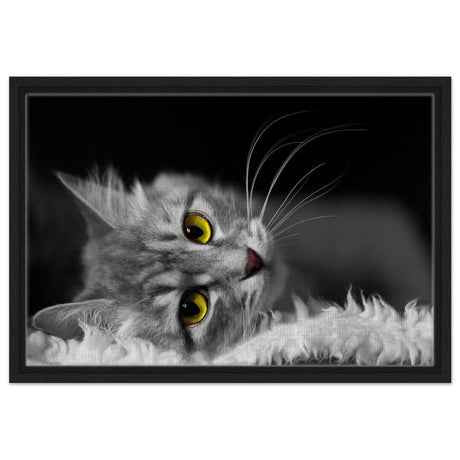 Silent Gaze: The Grey Cat's Serenity | Animal wall art print - Framed Canvas - 40x60 cm / 16x24″ - Black frame
