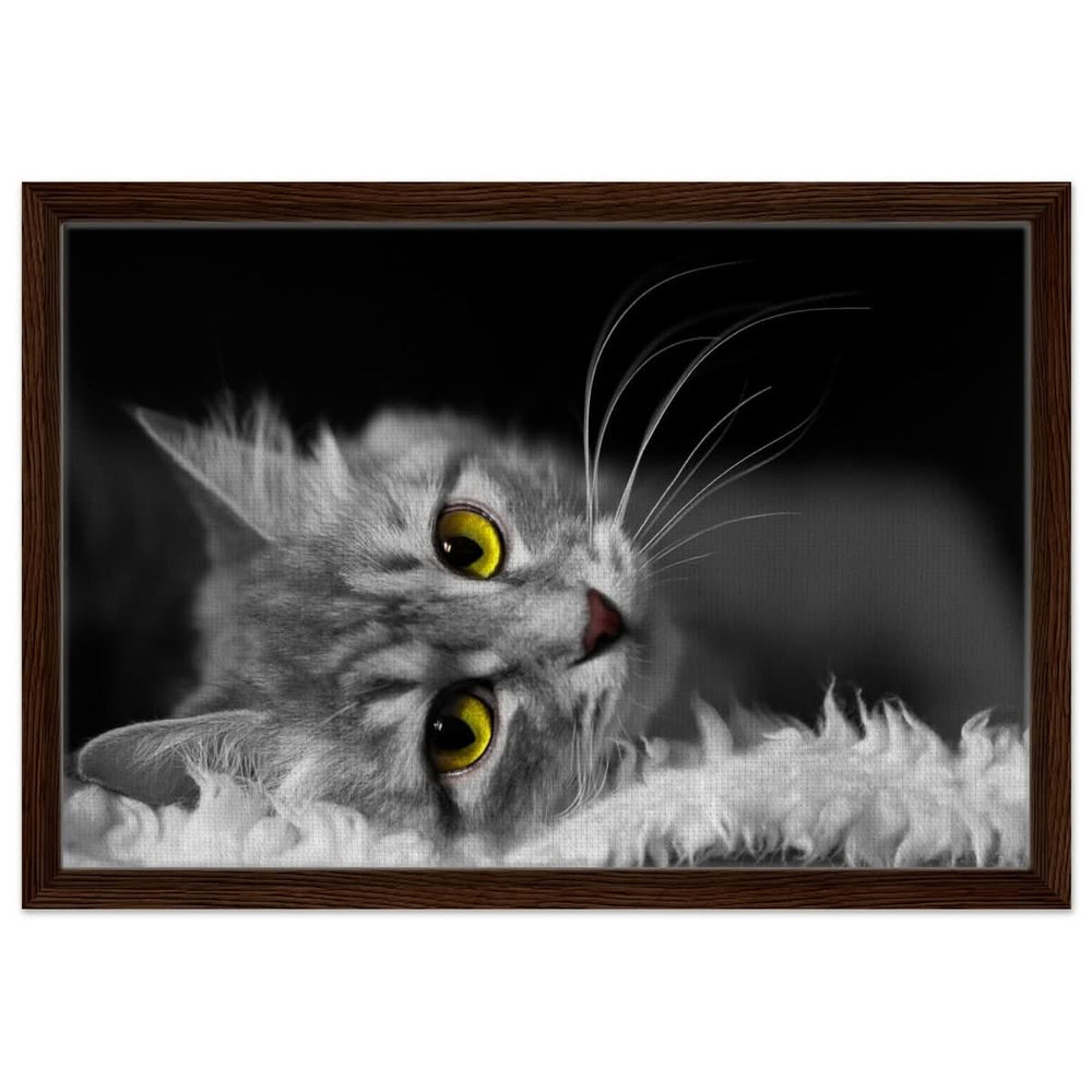 Silent Gaze: The Grey Cat's Serenity | Animal wall art print - Framed Canvas - 40x60 cm / 16x24″ - Dark wood frame