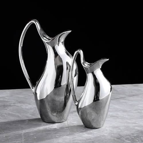 Silver Ceramic Modern Vase Collection – Abstract Pot - Shaped Design - Large -