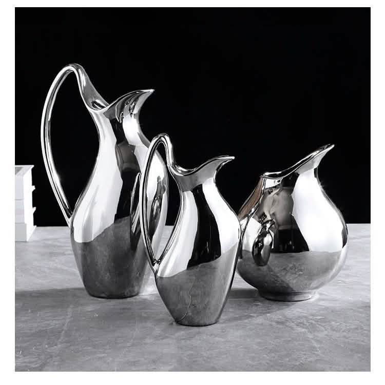 Silver Ceramic Modern Vase Collection – Abstract Pot - Shaped Design - Large -