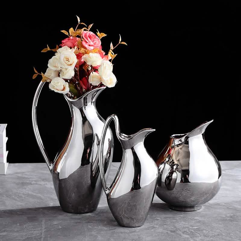 Silver Ceramic Modern Vase Collection – Abstract Pot - Shaped Design - Large -