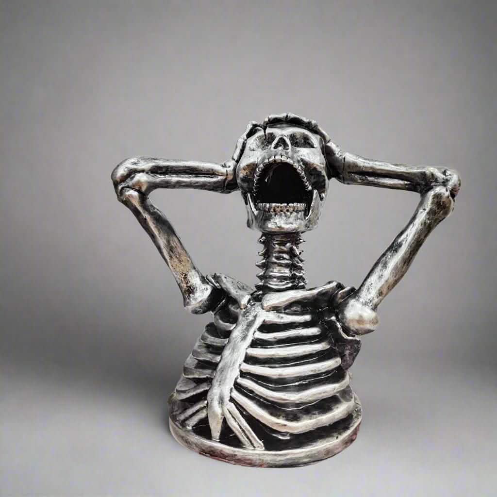 Skeleton Bust Sculpture – Modern Gothic Resin Art - 17x15x11cm - Metallic Silver -