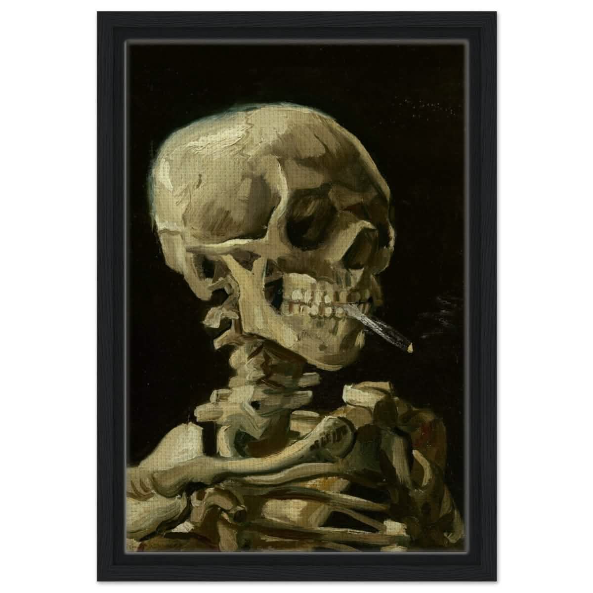 Skull of a Skeleton with Burning Cigarette by Vincent van Gogh | Vintage wall art print - Framed Canvas - 30x45 cm / 12x18" - Black frame