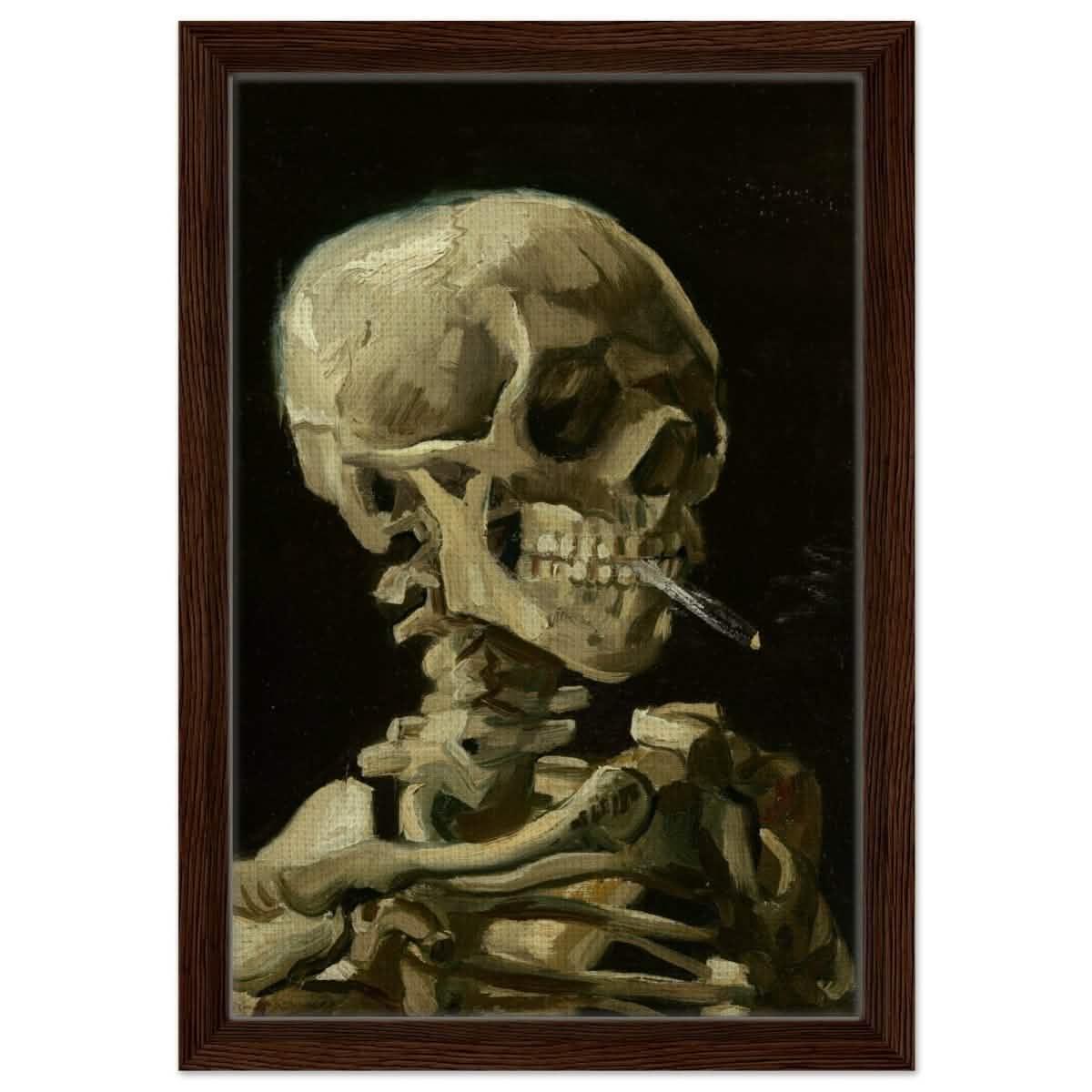 Skull of a Skeleton with Burning Cigarette by Vincent van Gogh | Vintage wall art print - Framed Canvas - 30x45 cm / 12x18" - Dark wood frame