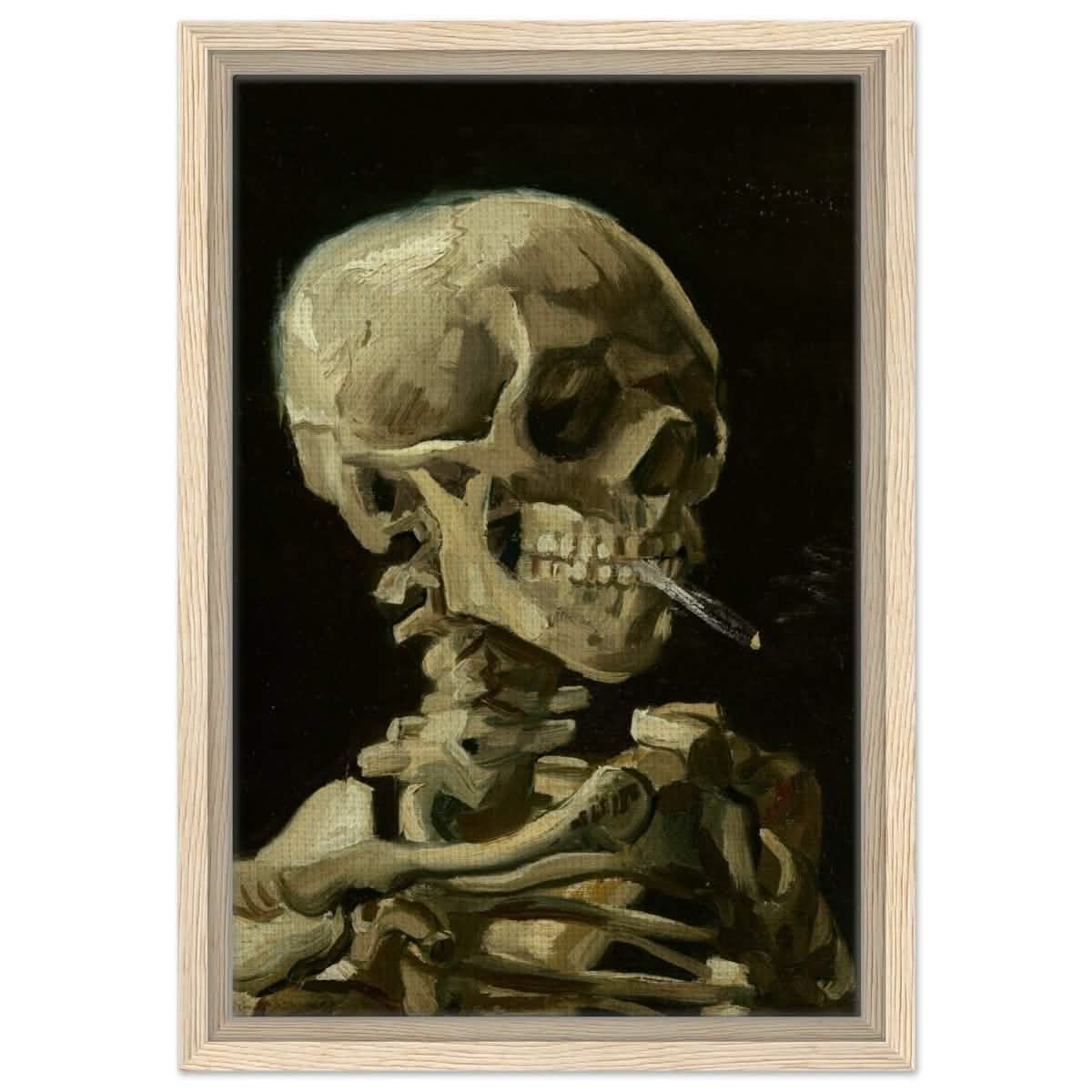 Skull of a Skeleton with Burning Cigarette by Vincent van Gogh | Vintage wall art print - Framed Canvas - 30x45 cm / 12x18" - Wood frame