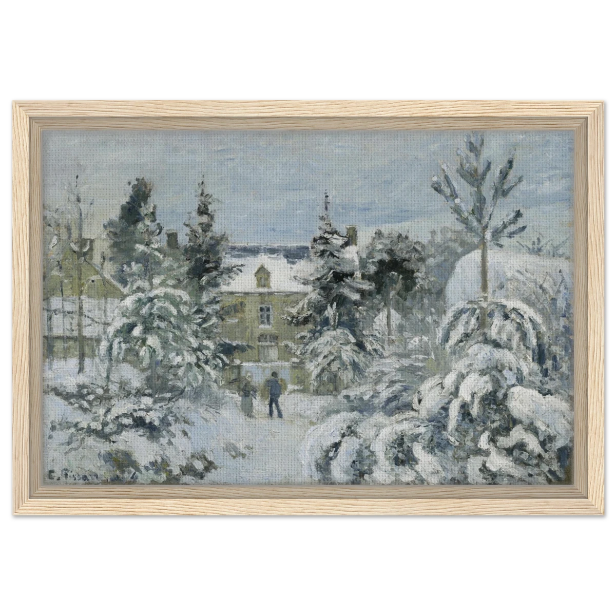 Snow at Éragny – Winter Impressionist Wall Art Print by Camille Pissarro - Framed Canvas - 30x45 cm / 12x18″ - Wood frame