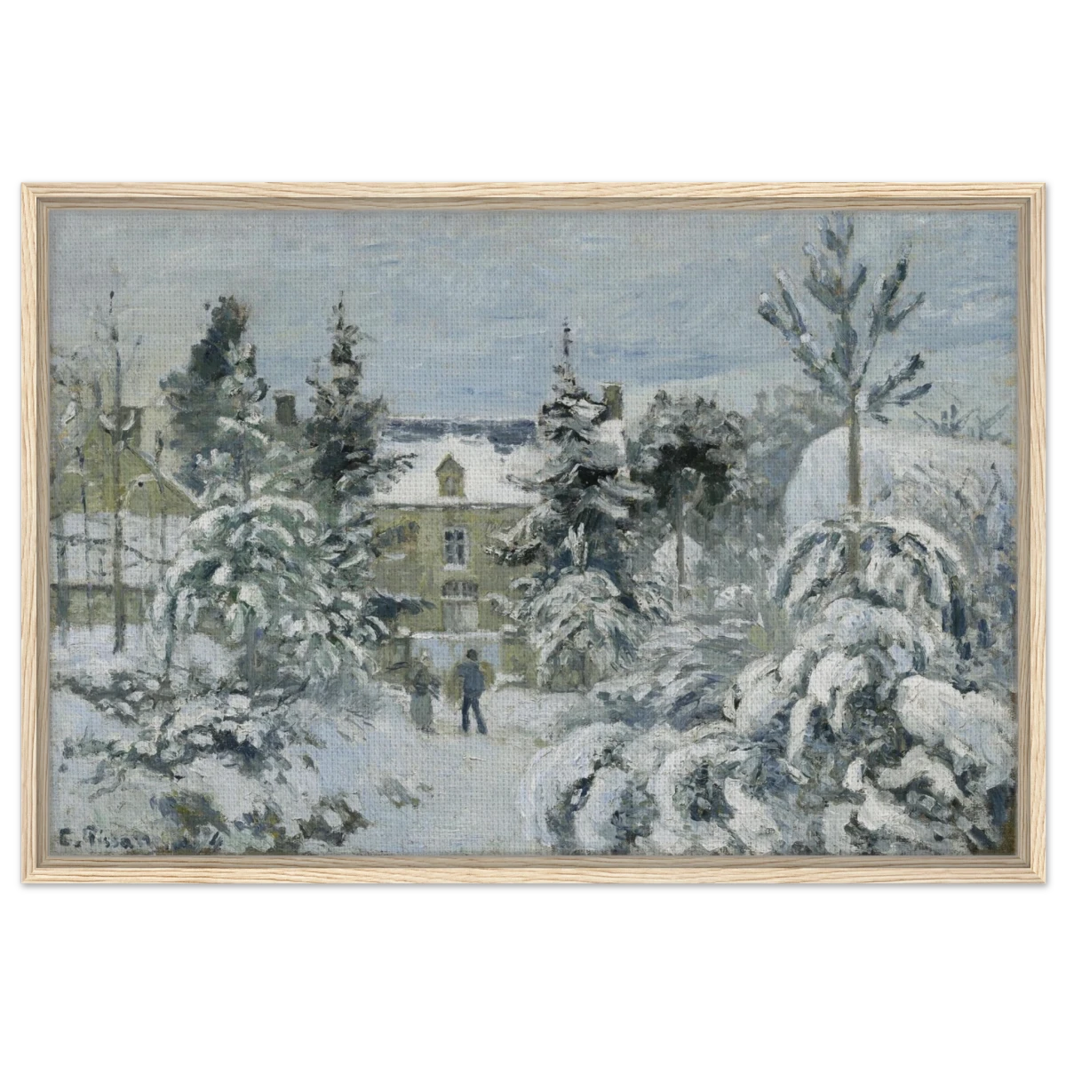 Snow at Éragny – Winter Impressionist Wall Art Print by Camille Pissarro - Framed Canvas - 60x90 cm / 24x36″ - Wood frame