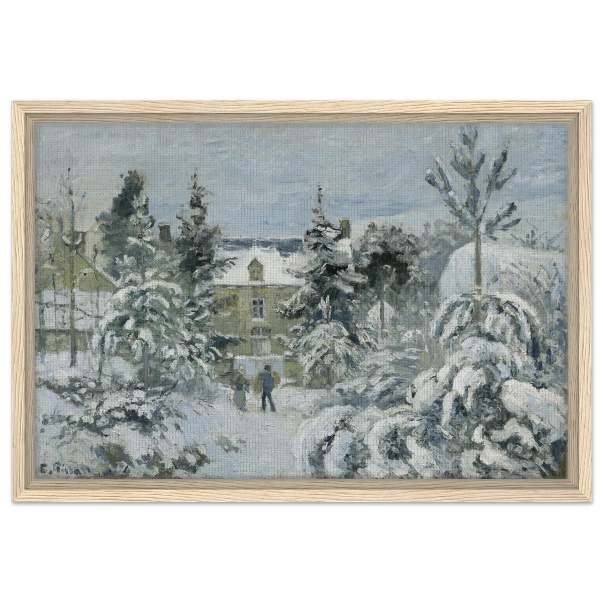 Snow at Éragny – Winter Impressionist Wall Art Print by Camille Pissarro - Framed Canvas - 40x60 cm / 16x24″ - Wood frame