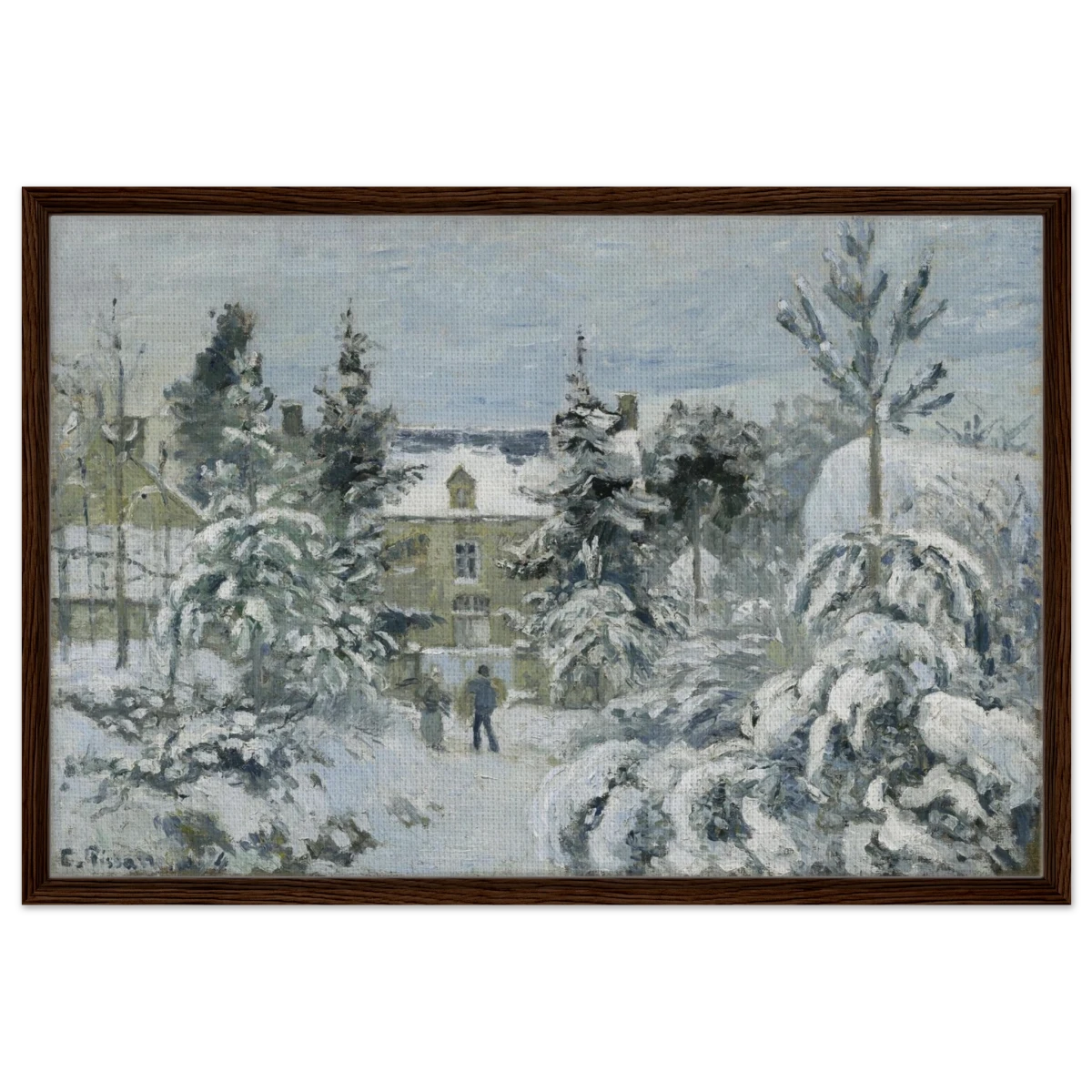 Snow at Éragny – Winter Impressionist Wall Art Print by Camille Pissarro - Framed Canvas - 60x90 cm / 24x36″ - Dark wood frame