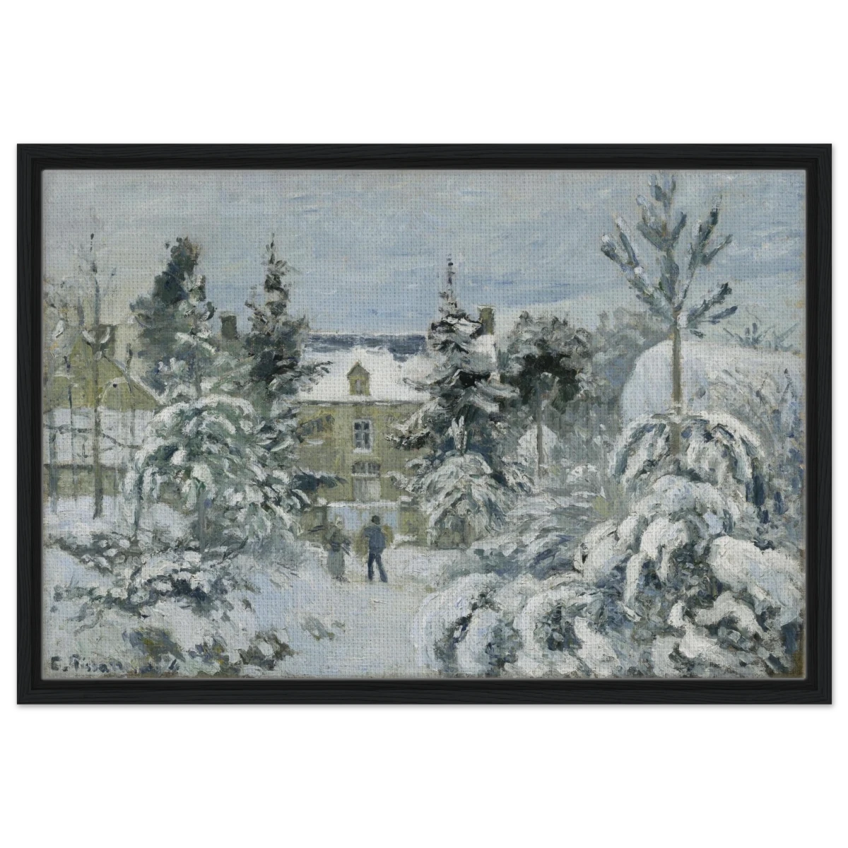 Snow at Éragny – Winter Impressionist Wall Art Print by Camille Pissarro - Framed Canvas - 50x75 cm / 20x30″ - Black frame
