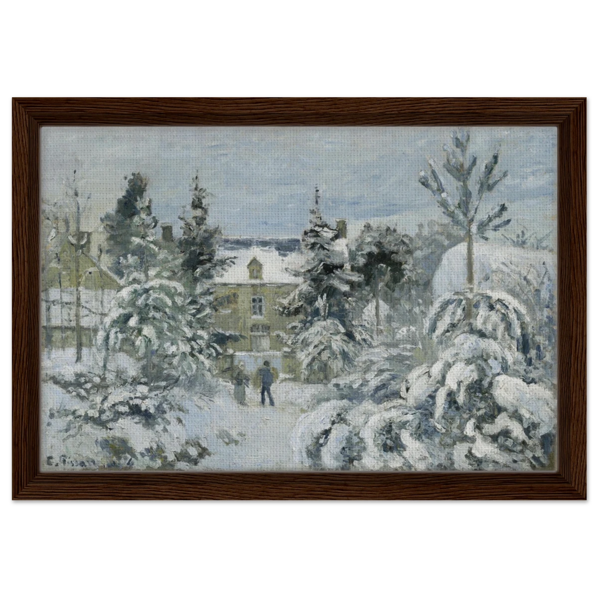 Snow at Éragny – Winter Impressionist Wall Art Print by Camille Pissarro - Framed Canvas - 30x45 cm / 12x18″ - Dark wood frame