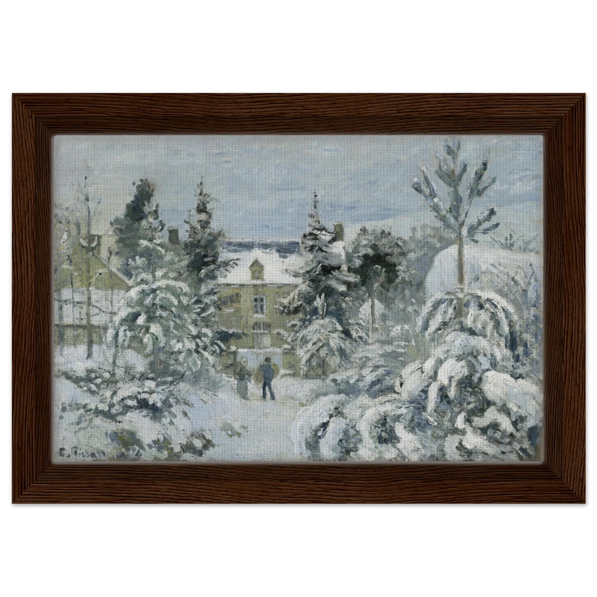 Snow at Éragny – Winter Impressionist Wall Art Print by Camille Pissarro - Framed Canvas - 20x30 cm / 8x12″ - Dark wood frame
