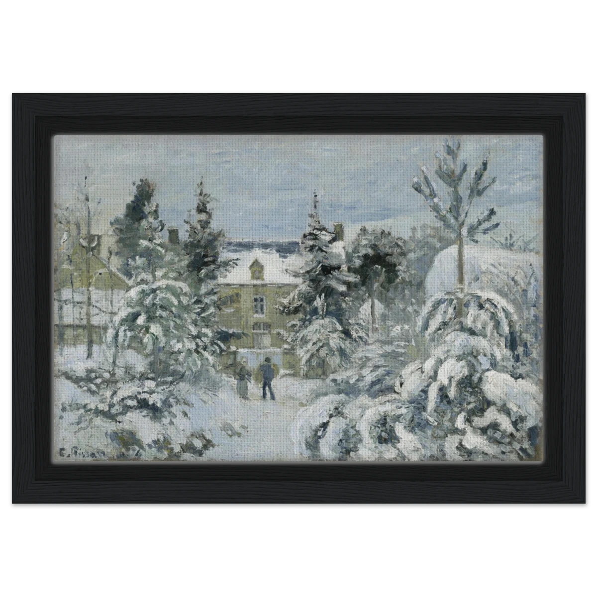 Snow at Éragny – Winter Impressionist Wall Art Print by Camille Pissarro - Framed Canvas - 20x30 cm / 8x12″ - Black frame