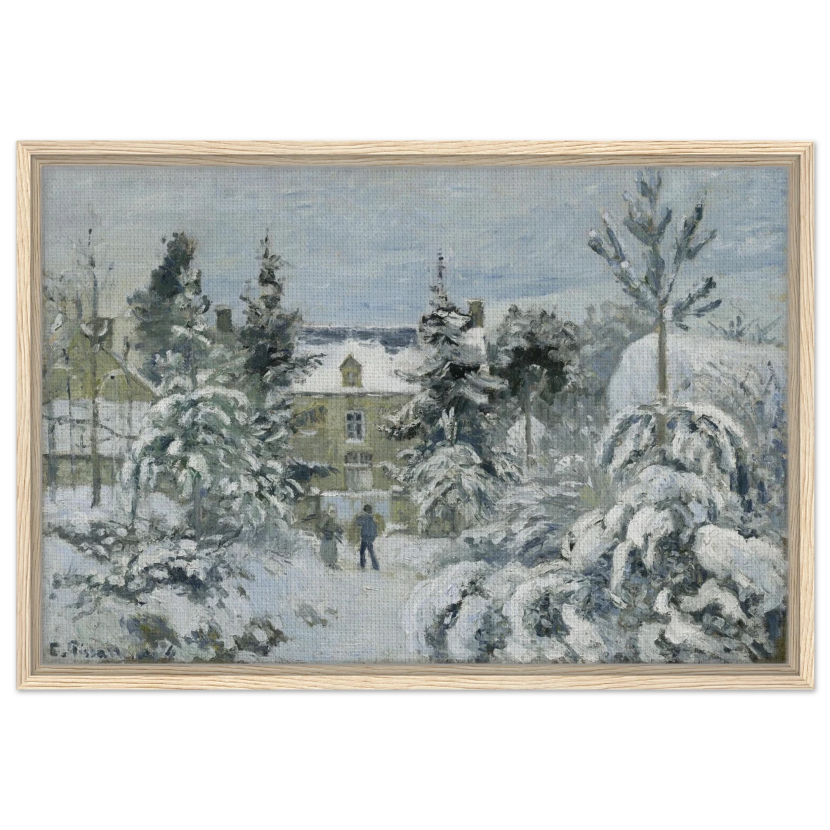 Snow at Éragny – Winter Impressionist Wall Art Print by Camille Pissarro - Framed Canvas - 50x75 cm / 20x30″ - Wood frame