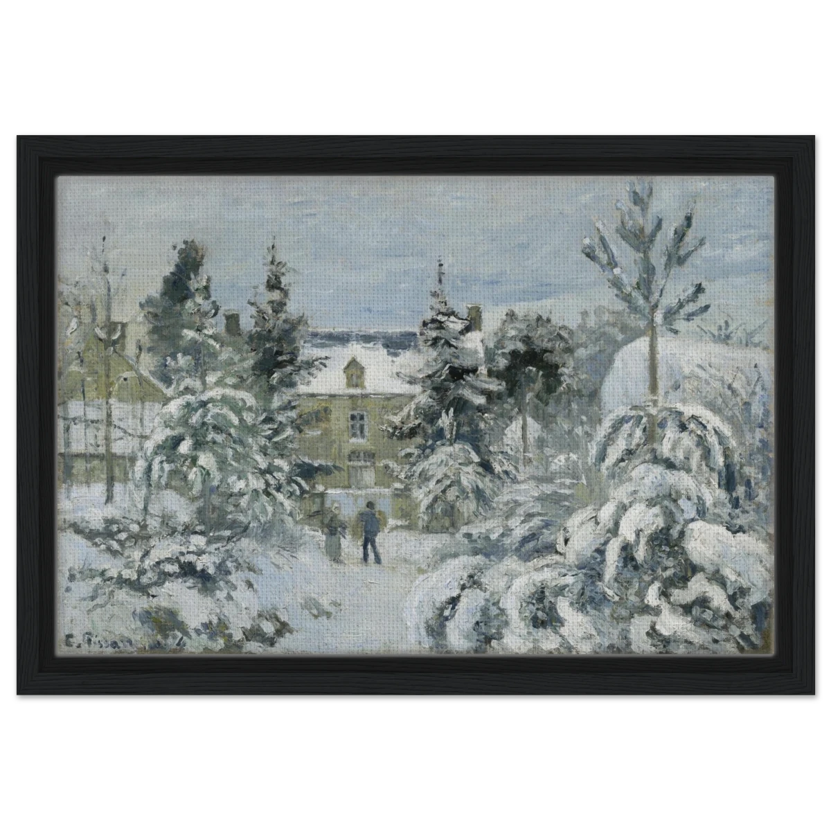 Snow at Éragny – Winter Impressionist Wall Art Print by Camille Pissarro - Framed Canvas - 30x45 cm / 12x18″ - Black frame