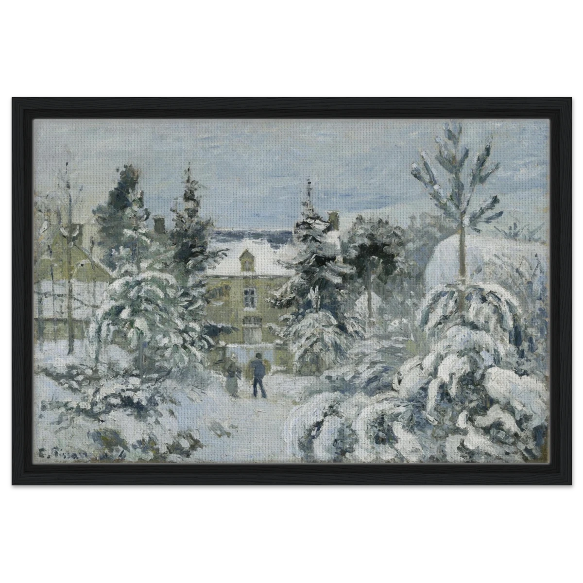 Snow at Éragny – Winter Impressionist Wall Art Print by Camille Pissarro - Framed Canvas - 40x60 cm / 16x24″ - Black frame