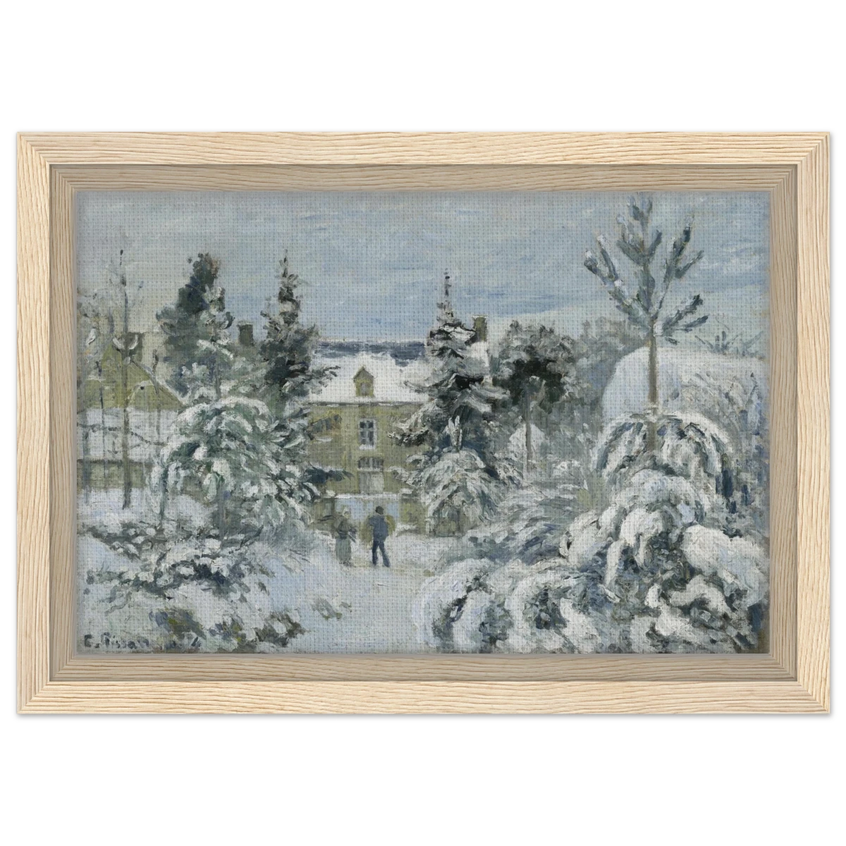 Snow at Éragny – Winter Impressionist Wall Art Print by Camille Pissarro - Framed Canvas - 20x30 cm / 8x12″ - Wood frame