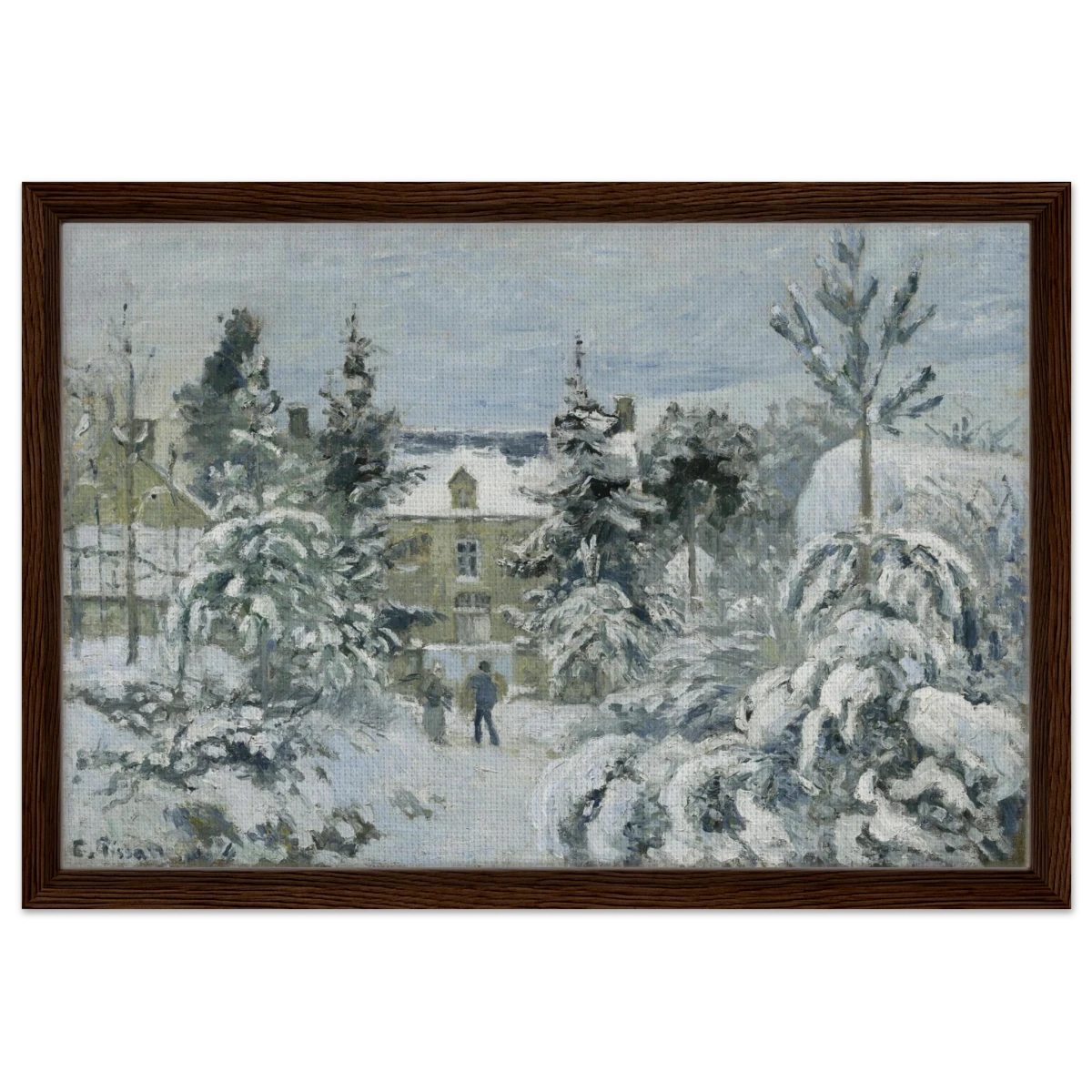 Snow at Éragny – Winter Impressionist Wall Art Print by Camille Pissarro - Framed Canvas - 40x60 cm / 16x24″ - Dark wood frame