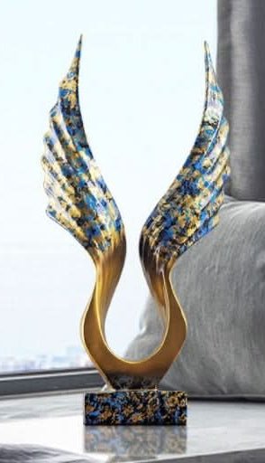 Soaring Eagle Resin Sculpture – Modern Abstract Home Décor Ornament - Angle Wing Dual - Tone Blue & Gold -