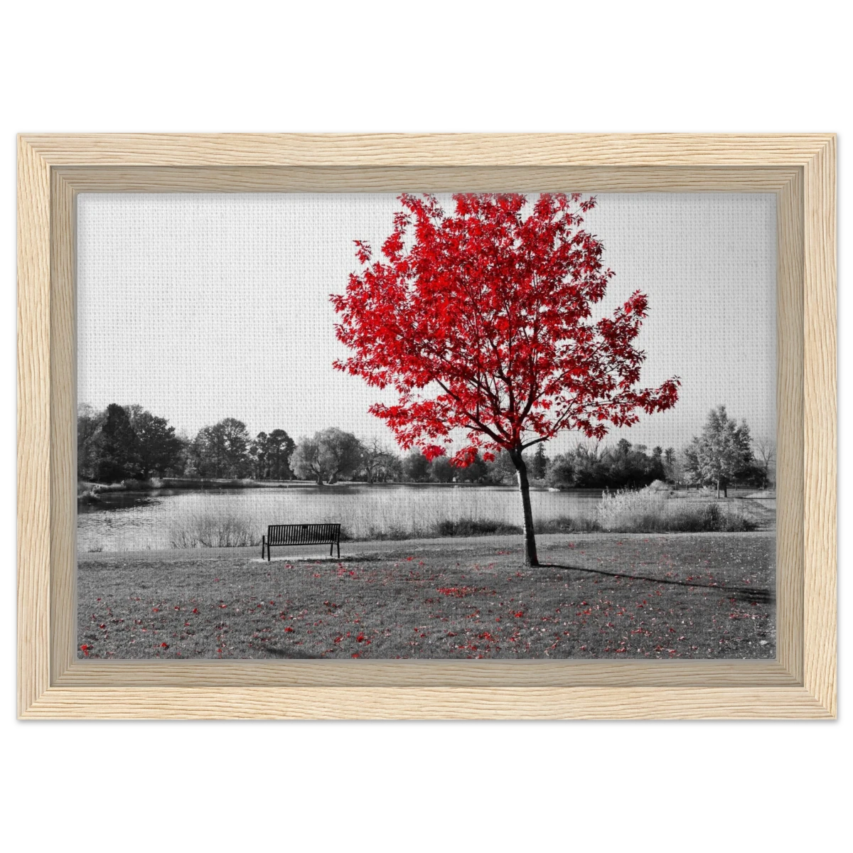"Solitude in Crimson" – Red Tree by the Lake | Minimalist Nature Wall Art Print - Framed Canvas - 20x30 cm / 8x12″ - Wood frame