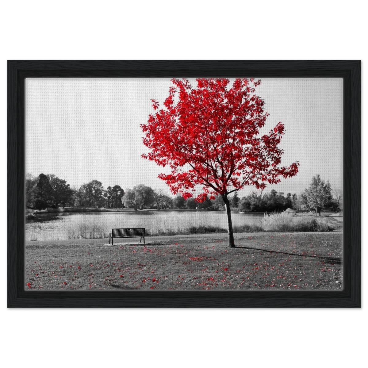"Solitude in Crimson" – Red Tree by the Lake | Minimalist Nature Wall Art Print - Framed Canvas - 30x45 cm / 12x18″ - Black frame