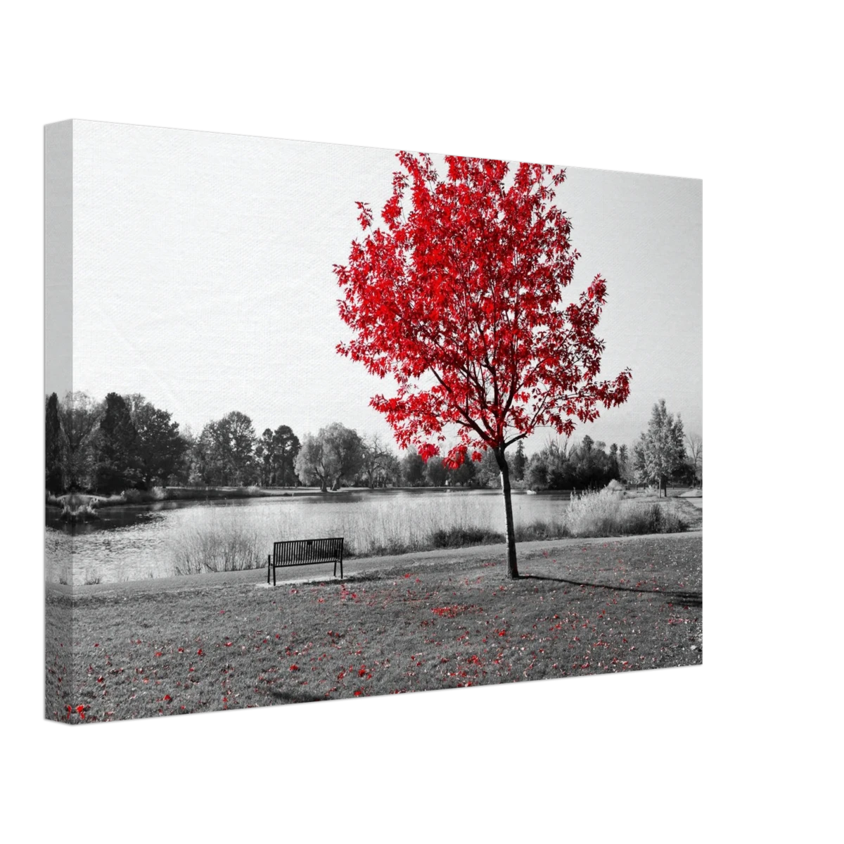 "Solitude in Crimson" – Red Tree by the Lake | Minimalist Nature Wall Art Print - Canvas - 30x45 cm / 12x18″ -