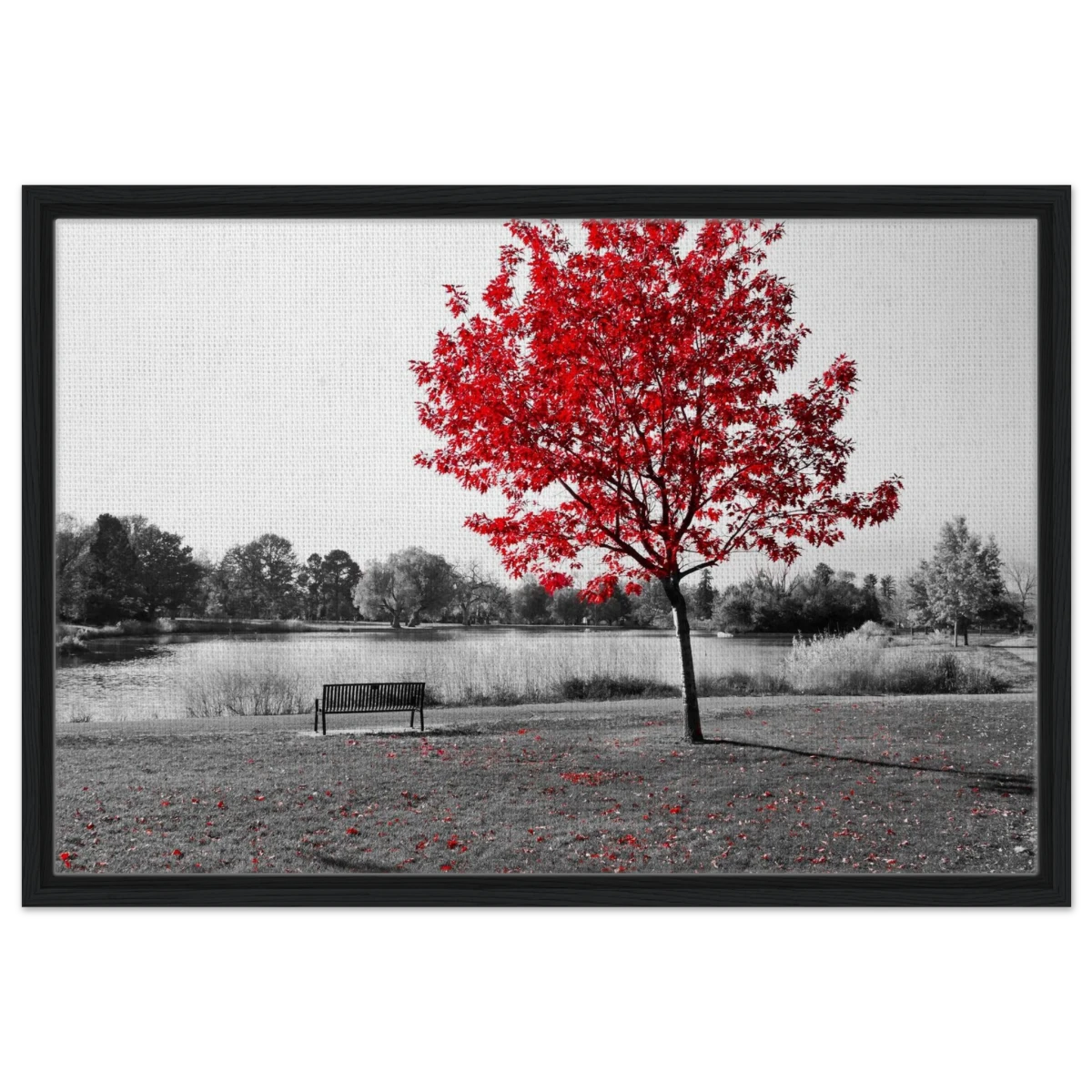 "Solitude in Crimson" – Red Tree by the Lake | Minimalist Nature Wall Art Print - Framed Canvas - 50x75 cm / 20x30″ - Black frame