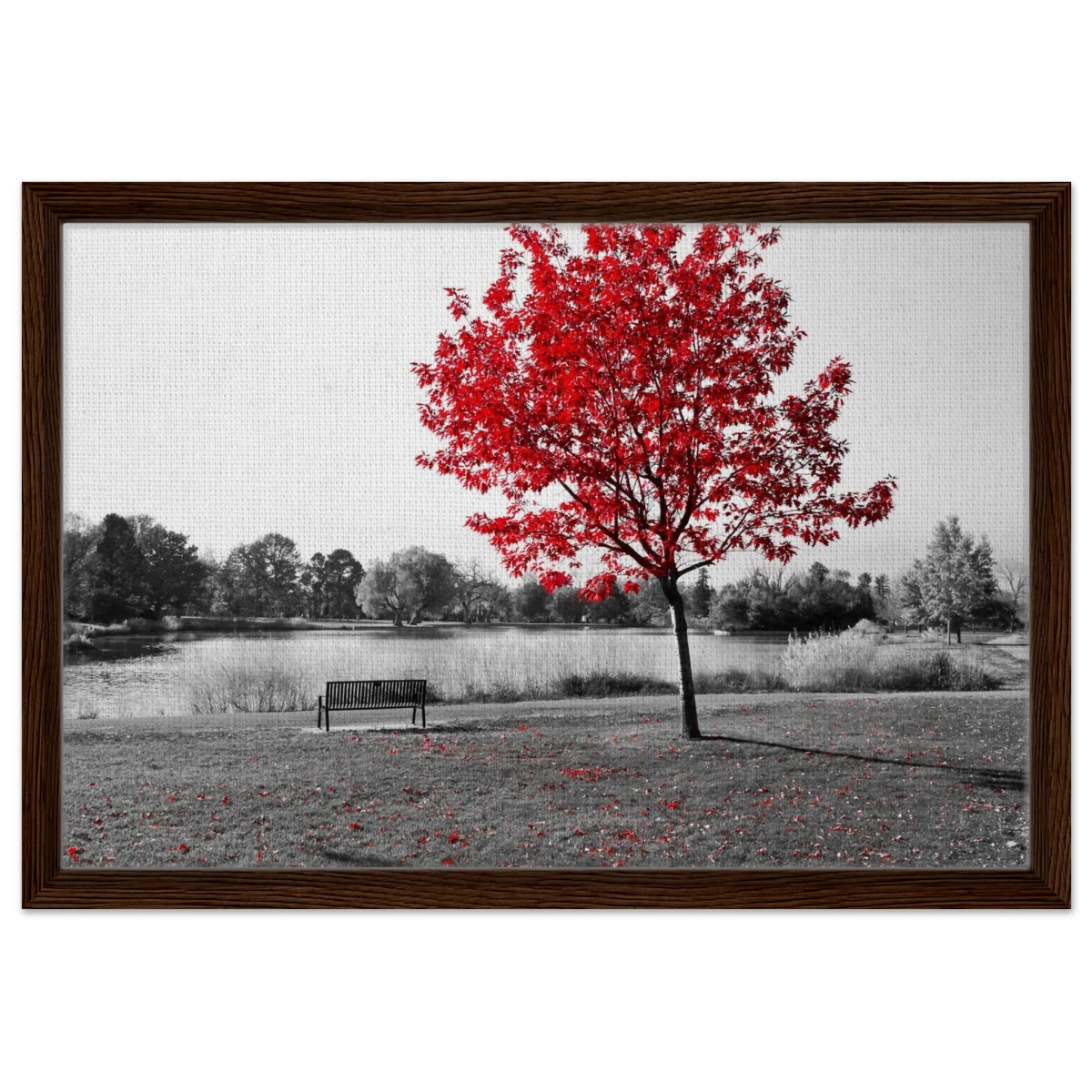 "Solitude in Crimson" – Red Tree by the Lake | Minimalist Nature Wall Art Print - Framed Canvas - 40x60 cm / 16x24″ - Dark wood frame