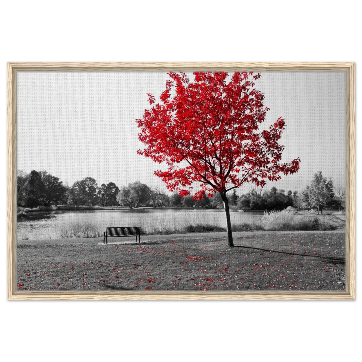 "Solitude in Crimson" – Red Tree by the Lake | Minimalist Nature Wall Art Print - Framed Canvas - 60x90 cm / 24x36″ - Wood frame