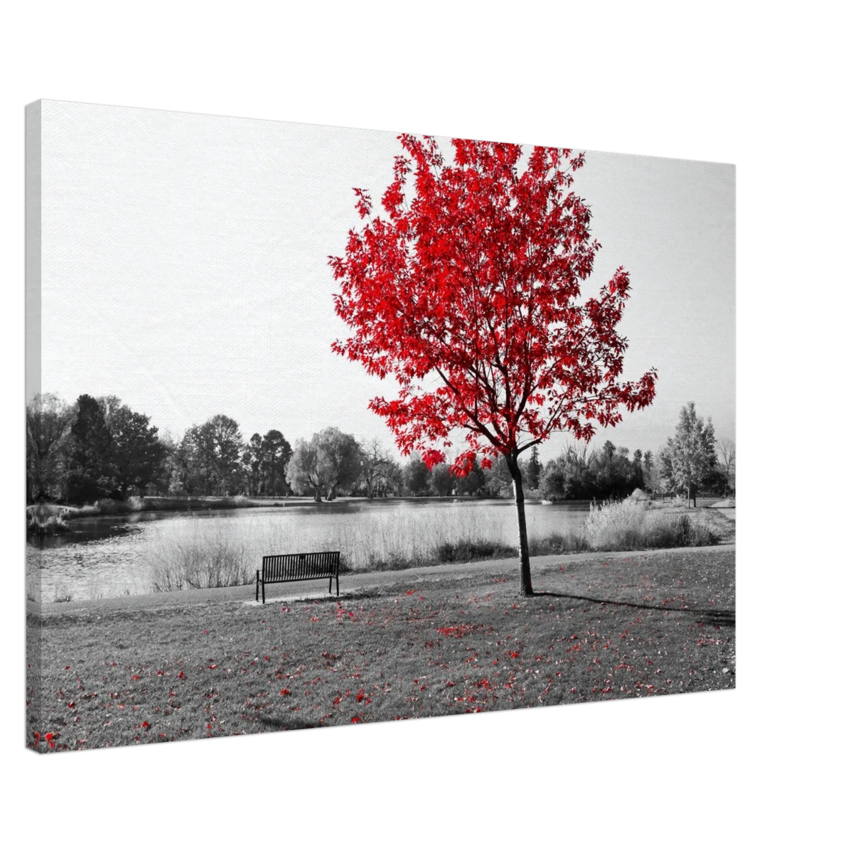 "Solitude in Crimson" – Red Tree by the Lake | Minimalist Nature Wall Art Print - Canvas - 60x90 cm / 24x36″ -