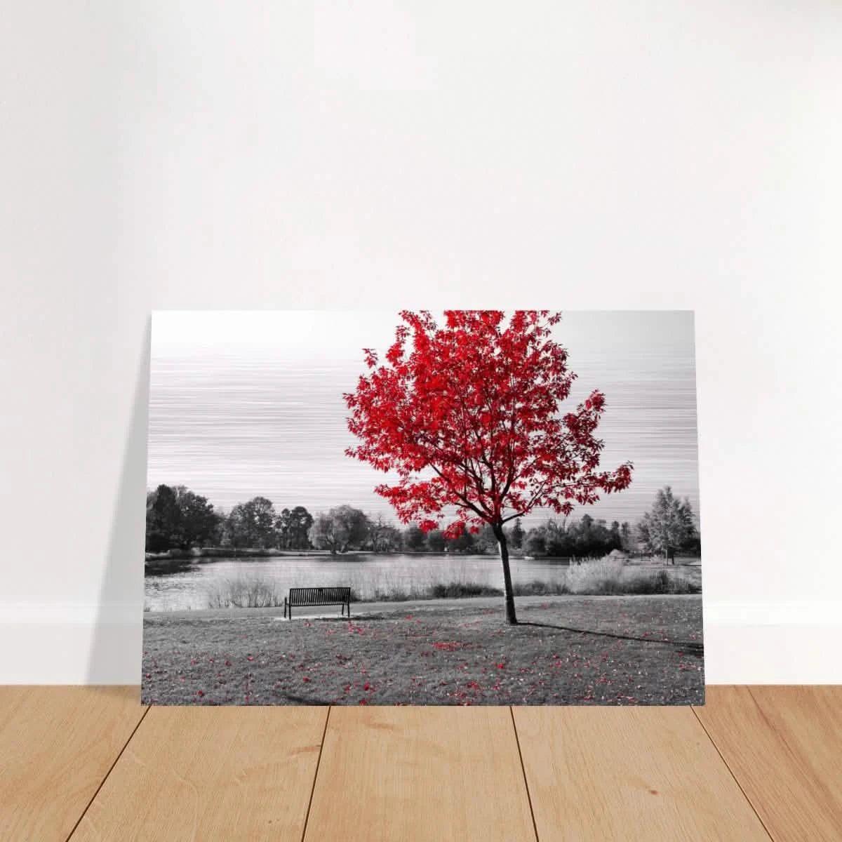 "Solitude in Crimson" – Red Tree by the Lake | Minimalist Nature Wall Art Print - Brushed Aluminum Print - 70x100 cm / 28x40″ -