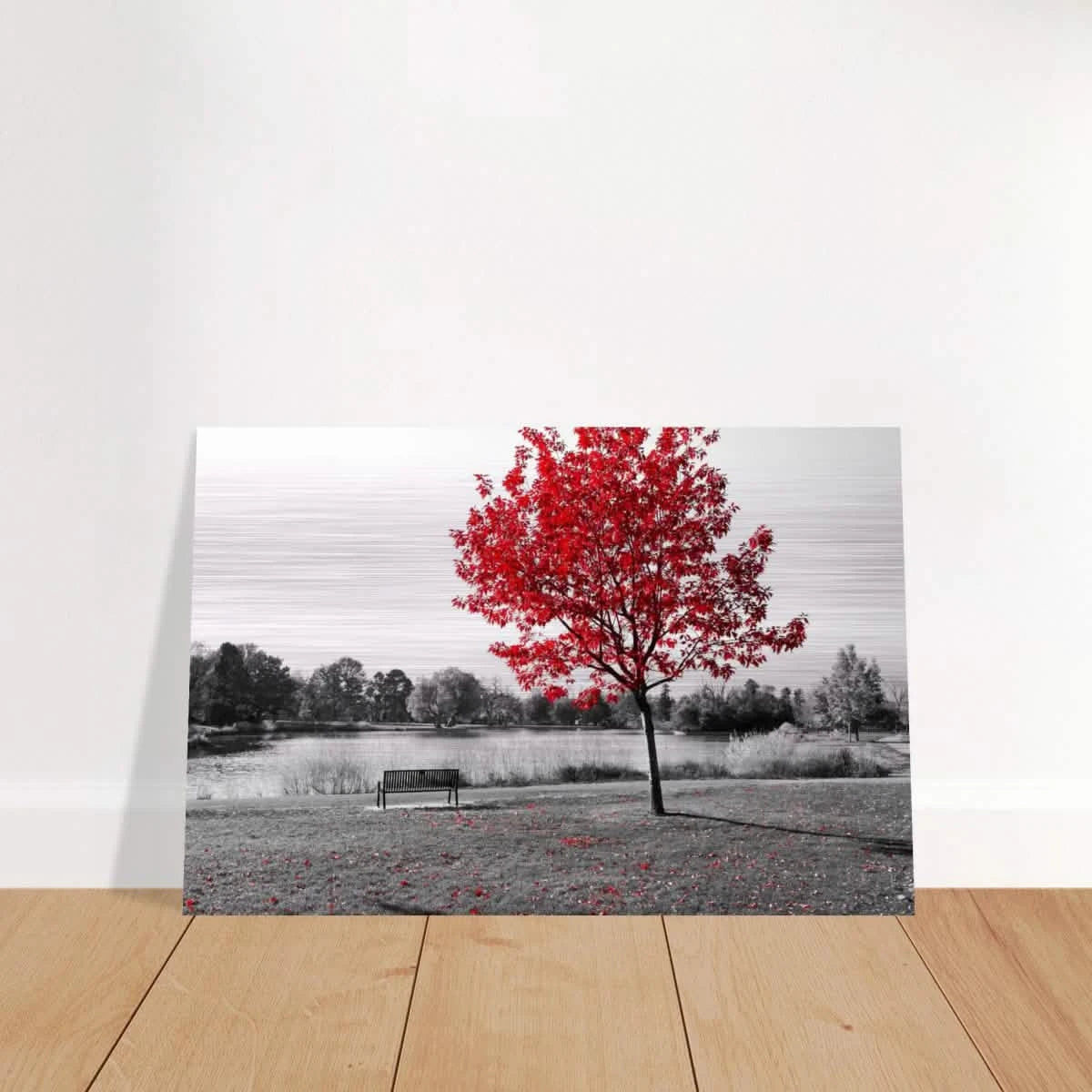 "Solitude in Crimson" – Red Tree by the Lake | Minimalist Nature Wall Art Print - Brushed Aluminum Print - 20x30 cm / 8x12″ -