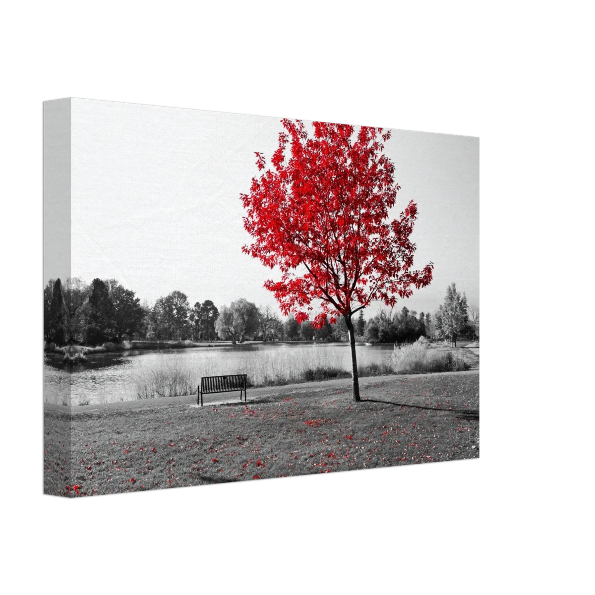 "Solitude in Crimson" – Red Tree by the Lake | Minimalist Nature Wall Art Print - Canvas - 20x30 cm / 8x12″ -