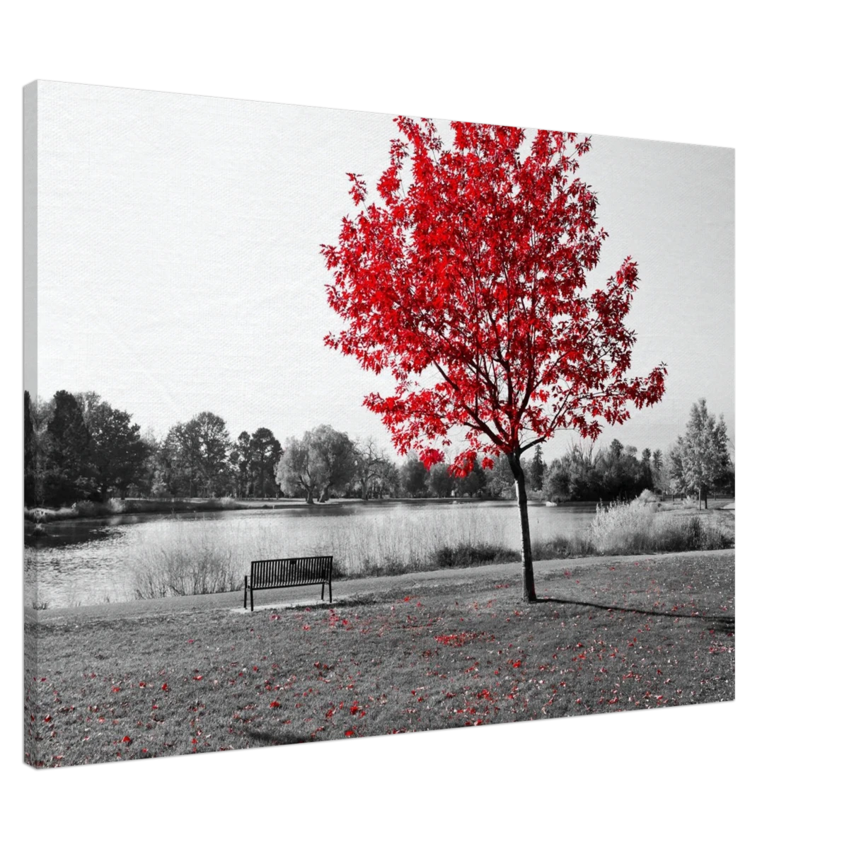 "Solitude in Crimson" – Red Tree by the Lake | Minimalist Nature Wall Art Print - Canvas - 70x100 cm / 28x40″ -