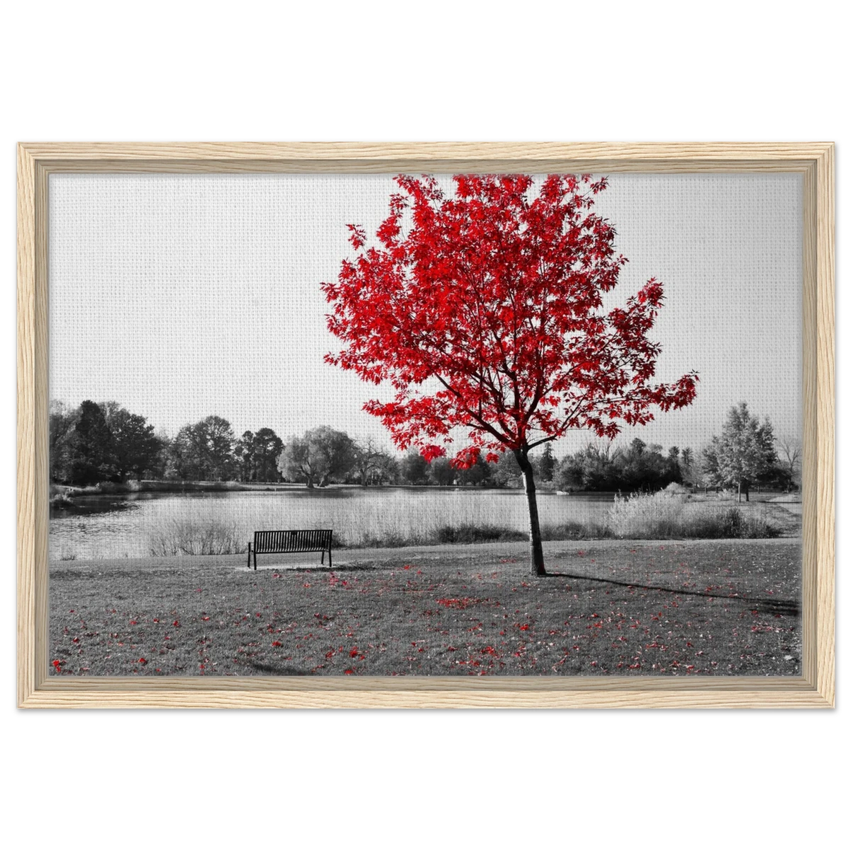 "Solitude in Crimson" – Red Tree by the Lake | Minimalist Nature Wall Art Print - Framed Canvas - 40x60 cm / 16x24″ - Wood frame