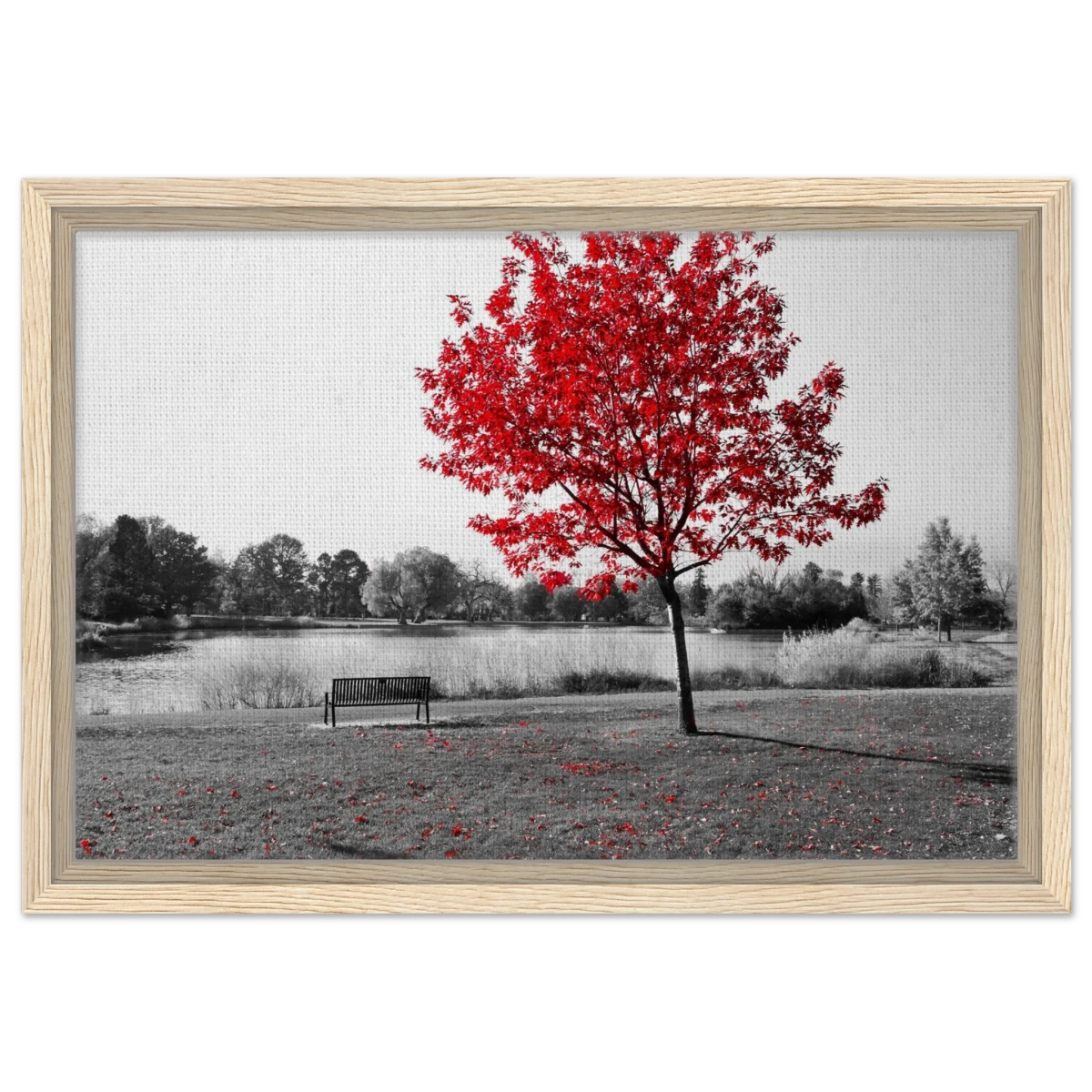 "Solitude in Crimson" – Red Tree by the Lake | Minimalist Nature Wall Art Print - Framed Canvas - 30x45 cm / 12x18″ - Wood frame