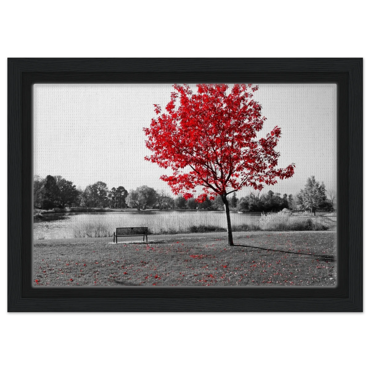 "Solitude in Crimson" – Red Tree by the Lake | Minimalist Nature Wall Art Print - Framed Canvas - 20x30 cm / 8x12″ - Black frame