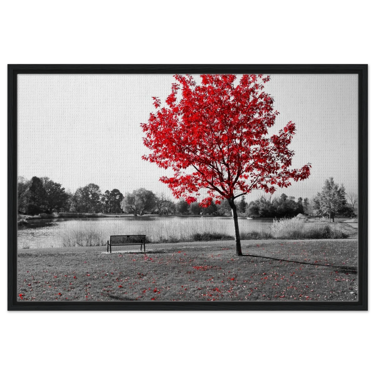 "Solitude in Crimson" – Red Tree by the Lake | Minimalist Nature Wall Art Print - Framed Canvas - 60x90 cm / 24x36″ - Black frame