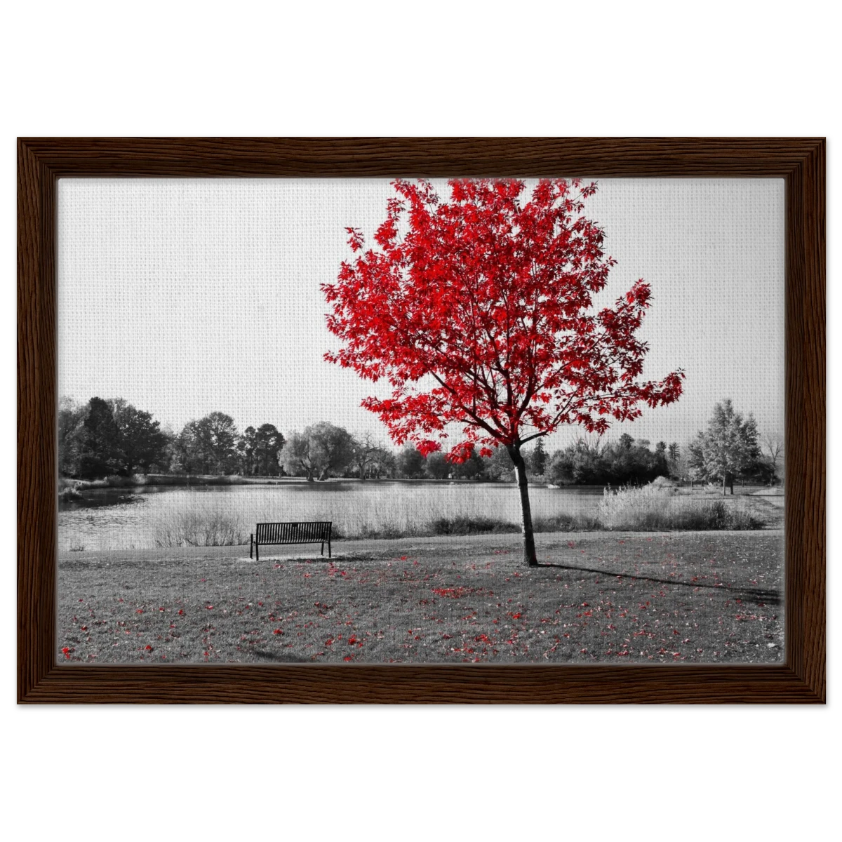 "Solitude in Crimson" – Red Tree by the Lake | Minimalist Nature Wall Art Print - Framed Canvas - 30x45 cm / 12x18″ - Dark wood frame