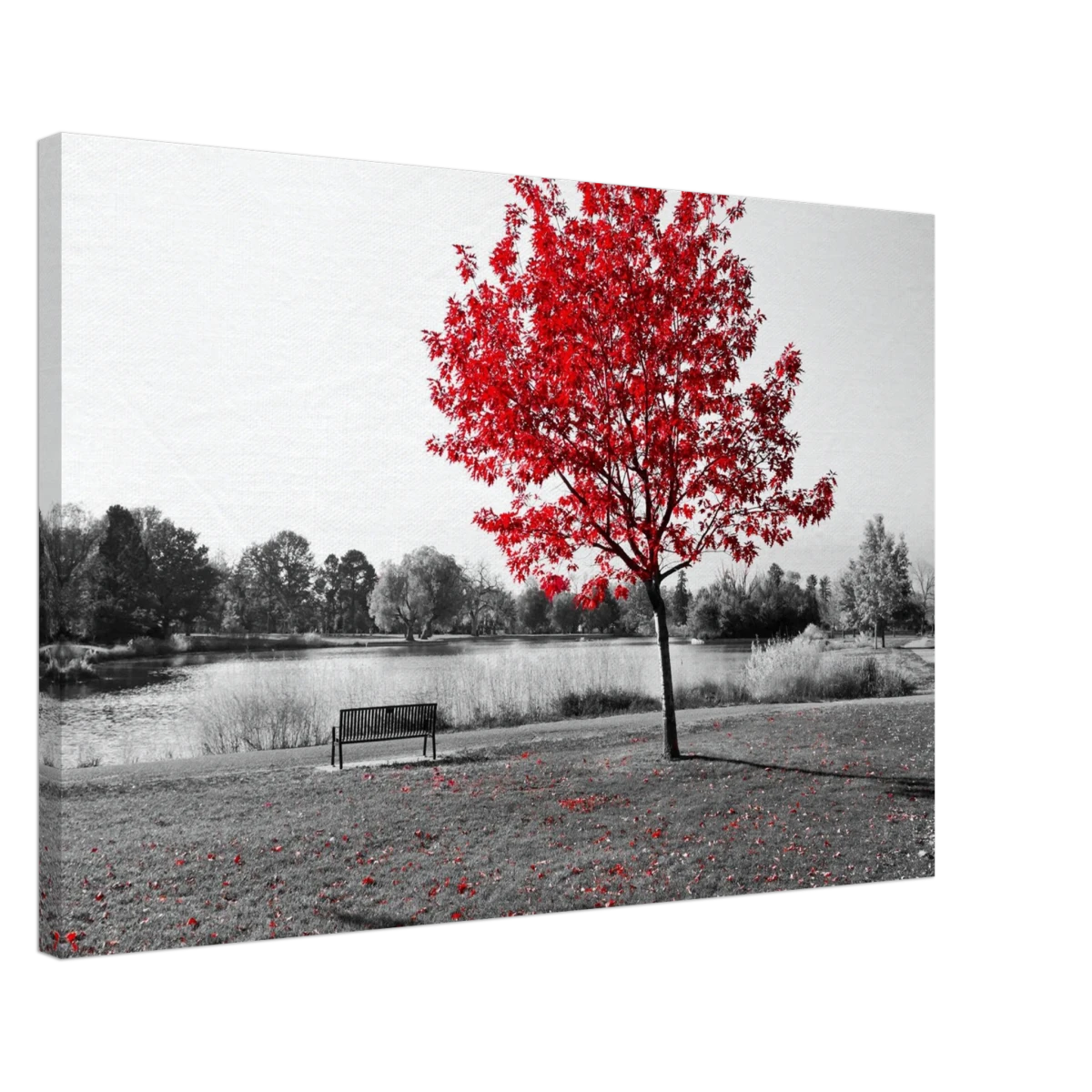 "Solitude in Crimson" – Red Tree by the Lake | Minimalist Nature Wall Art Print - Canvas - 50x75 cm / 20x30″ -