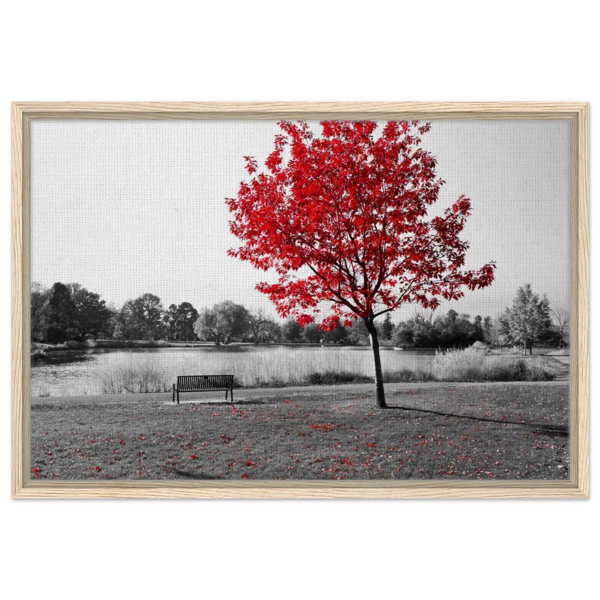 "Solitude in Crimson" – Red Tree by the Lake | Minimalist Nature Wall Art Print - Framed Canvas - 50x75 cm / 20x30″ - Wood frame