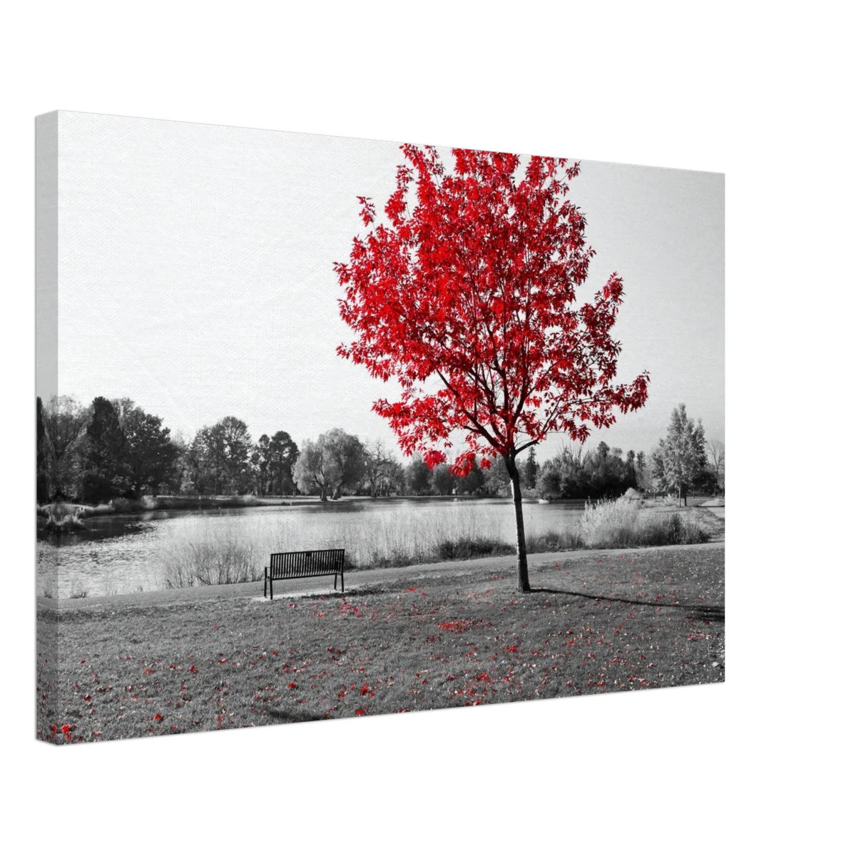 "Solitude in Crimson" – Red Tree by the Lake | Minimalist Nature Wall Art Print - Canvas - 40x60 cm / 16x24″ -