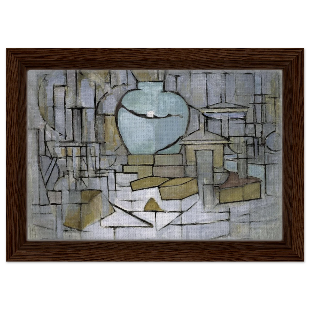 Still Life with Gingerpot II by Piet Mondrian | Vintage Art Print - Framed Canvas - 20x30 cm / 8x12″ - Dark wood frame